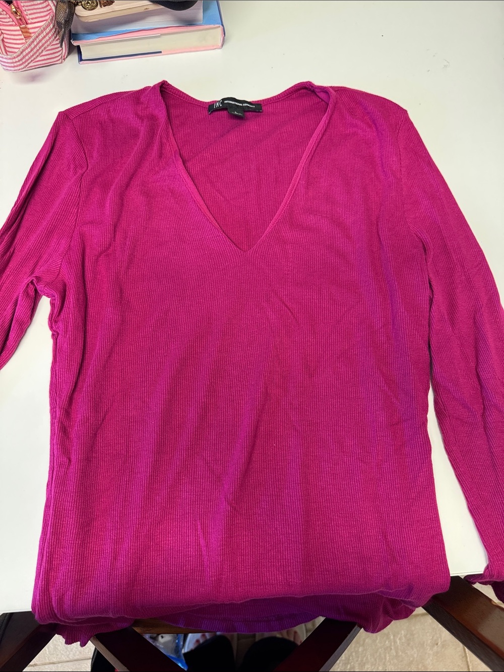 INC International Concepts Hot Pink V-Neck Ribbed Long Sleeve Top